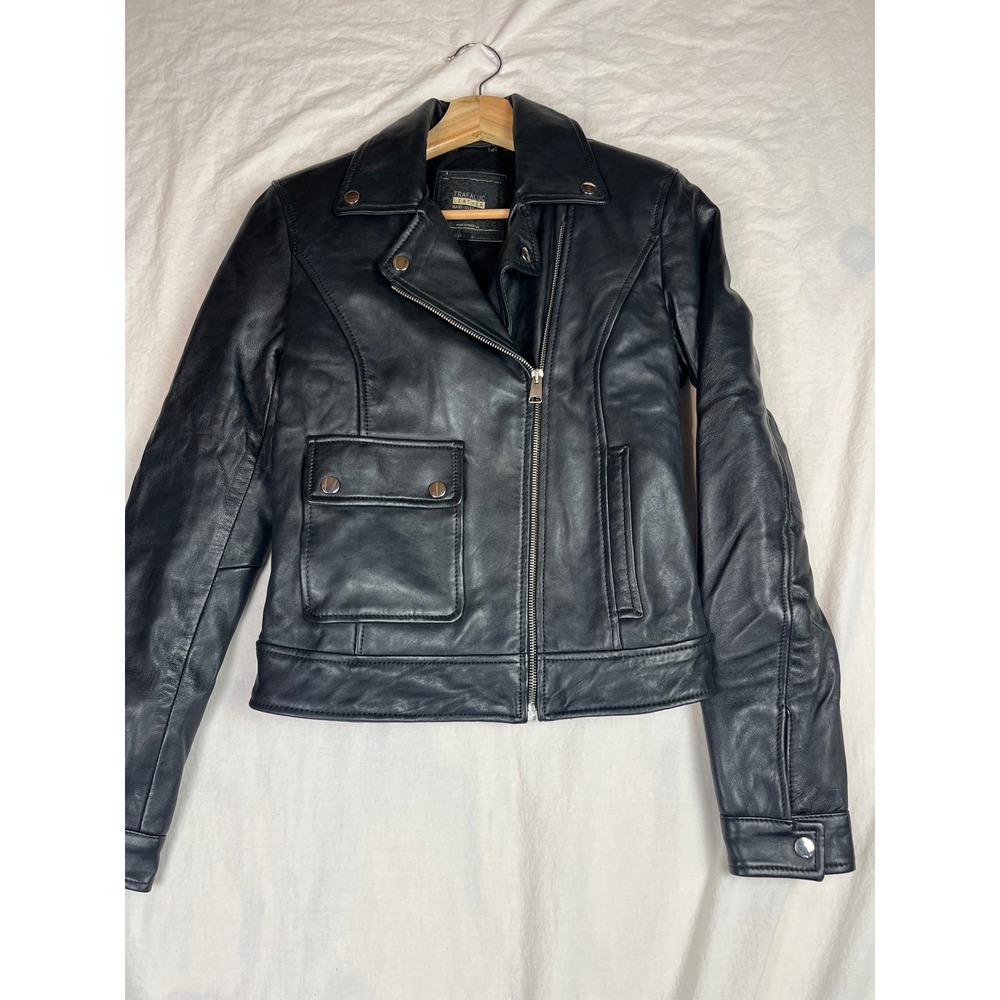 Zara Trafaluc Black Leather Biker Moto‎ Jacket Asymmetric Zip Womens XS